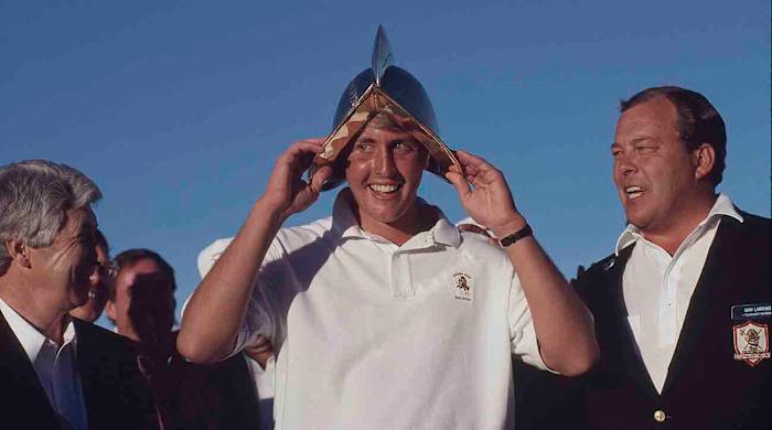 Phil Mickelson is pictured donning the winner's helmet after the 1991 Northern Telecom Open.